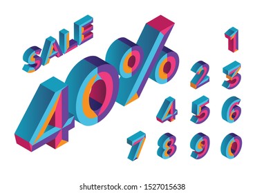 40% sale. 0, 1, 2, 3, 4, 5, 6, 7, 8, 9 isometric 3D numeral alphabet. Percent off, sale background. Colorfull polygonal triangle Letter. Eps10. Vector Isolated Number.