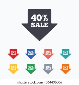 40% sale arrow tag sign icon. Discount symbol. Special offer label. Colored flat icons on white background.