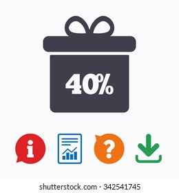 40% sale gift box tag sign icon. Discount symbol. Special offer label. Information think bubble, question mark, download and report.