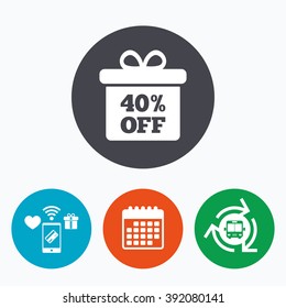 40% sale gift box tag sign icon. Discount symbol. Special offer label. Mobile payments, calendar and wifi icons. Bus shuttle.