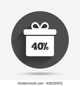40% sale gift box tag sign icon. Discount symbol. Special offer label. Circle flat button with shadow. Vector