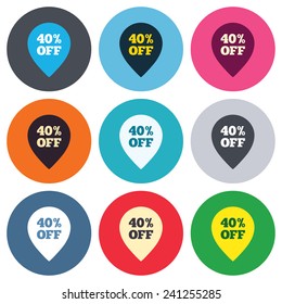 40% sale pointer tag sign icon. Discount symbol. Special offer label. Colored round buttons. Flat design circle icons set. Vector