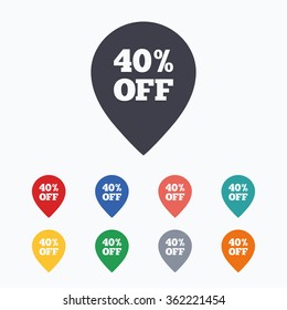 40% sale pointer tag sign icon. Discount symbol. Special offer label. Colored flat icons on white background.