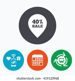 40% sale pointer tag sign icon. Discount symbol. Special offer label. Mobile payments, calendar and wifi icons. Bus shuttle.