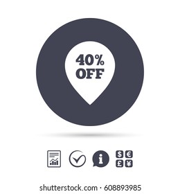 40% sale pointer tag sign icon. Discount symbol. Special offer label. Report document, information and check tick icons. Currency exchange. Vector