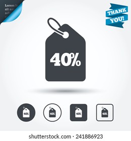 40% sale price tag sign icon. Discount symbol. Special offer label. Circle and square buttons. Flat design set. Thank you ribbon. Vector