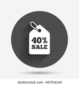 40% sale price tag sign icon. Discount symbol. Special offer label. Circle flat button with shadow. Vector