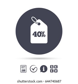 40% sale price tag sign icon. Discount symbol. Special offer label. Report document, information and check tick icons. Currency exchange. Vector