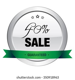 40% Sale seal or icon. Silver seal or button with stars and green banner.