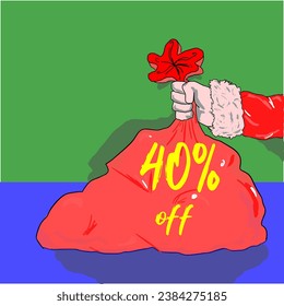 40% santa claus holding a christmas bag on sale discount percentage holiday december red yellow golden green blue