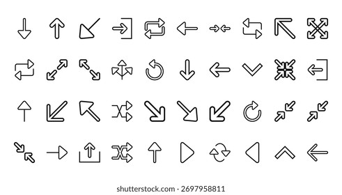 40 Satz von Umriss Web-Pfeile Symbole wie Pfeil, Pfeil, Reload, Pfeil, diagonal Minimieren Vektor dünne Symbole für Bericht, Präsentation, Diagramm, Web-Design, mobile App
