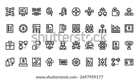 40 set of outline web blockchain icons such as coding, cryptocurrency, blockchain, server, briefcase, lock, peer to peer vector thin icons for report, presentation, diagram, web design, mobile app