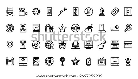 40 set of outline web cinema icons such as camera, speaker, aperture, speaker, cinema, cinema seat, barrier vector thin icons for report, presentation, diagram, web design, mobile app