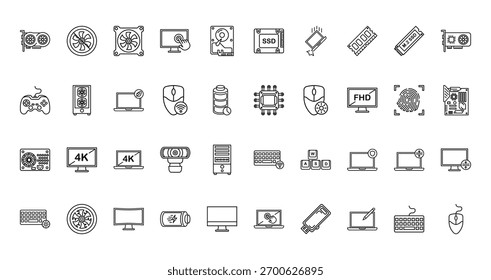 40 conjunto de ícones da interface do computador web da estrutura de tópicos tais como ventilador, ssd, joystick, processador, fonte de alimentação, teclado, vetor do teclado ícones finos para o relatório, apresentação, diagrama, web design, aplicativo móvel