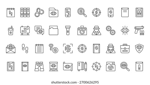 40 set of outline web detective icons such as folder, fingerprint, walkie talkie, camera, envelope, fingerprint, report vector thin icons for report, presentation, diagram, web design, mobile app