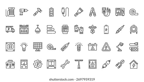 40 set of outline web electrician tools and icons such as drill, flashlight, truck, gloves, socket, bulb, tool box vector thin icons for report, presentation, diagram, web design, mobile app