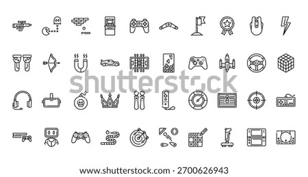 40 set of outline web gaming icons such as  , boomerang, game controllers,  headphones, game controller, game console vector thin icons for report, presentation, diagram, web design, mobile