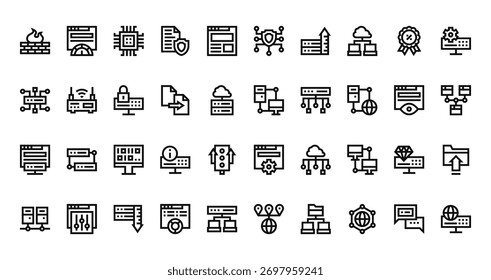 40 conjunto de ícones de hospedagem web da estrutura de tópicos tais como velocímetro, escudo, rede, responsivo, hospedagem web, navegador, hospedagem vetor ícones finos para relatório, apresentação, diagrama, design, aplicativo móvel