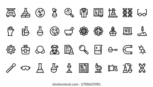 40 set of outline web laboratory icons such as books, lab coat, gloves, atomic, lab, magnifying glass, eyedropper vector thin icons for report, presentation, diagram, web design, mobile app