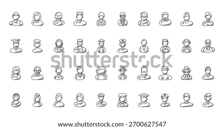 40 set of outline web professions icons such as personal assistant, phone operator, graduate, cop, clerk, farmer, queen vector thin icons for report, presentation, diagram, web design, mobile app