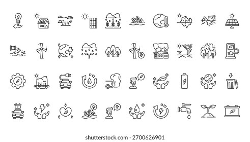 40 conjunto de esboço web salvar o mundo ícones como painel solar, moinho de água, resíduos, moinho de vento, gestão, ecologista, carro elétrico vetor ícones finos para relatório, apresentação, diagrama, web design,