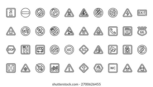 40 conjunto de esboço de sinal web e ícones de proibições, tais como entrada, explosivo, alvejante, urso, parar, velocidade, vetor hospitalar ícones finos para relatório, apresentação, diagrama, web design, aplicativo móvel