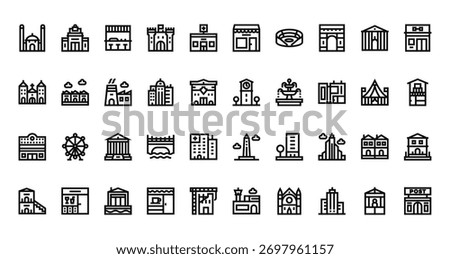 40 set of outline web urban building icons such as supermarket, store, church, town hall, cinema, obelisk, duplex vector thin icons for report, presentation, diagram, web design, mobile app