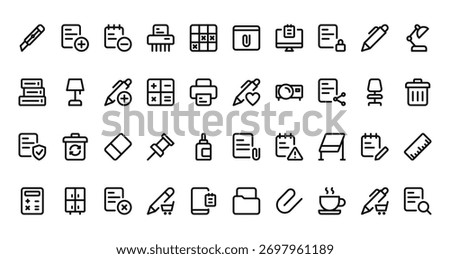 40 set of outline web work office icons such as add, browser, folders, pen, insurance, paper clip, calculator vector thin icons for report, presentation, diagram, web design, mobile app
