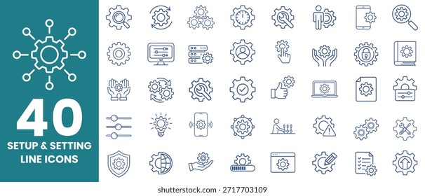 40 Setup and Settings Line Icons Vector for Configuration, Tools and System Control
