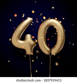 40 sign golden balloons with threads on black background with confetti. Vector festive illustration.