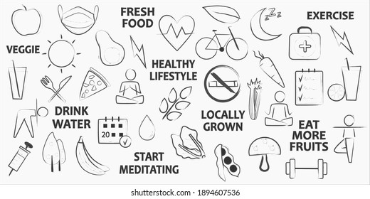 40 simple vector line icons of healthy lifestyle, fruits and vegetables, medical care, exercise, relax and meditation.
Suitable fot web or print, linear strokes unfilled.