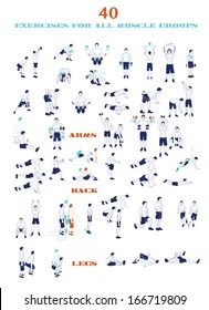 40 sport silhouettes .  Workout, man in shorts doing sport. Exercises
