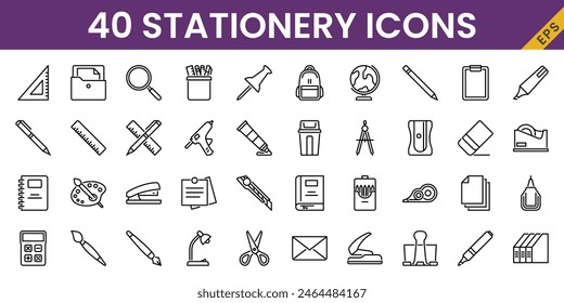 40 stationery icons in line style including pen, pencil, ruller, glue, cutter, scissor, sharpener, etc. For school and student