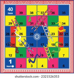 40 steps snakes and ladders board game with batik background is ready to print