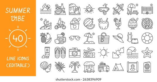 40 summer-themed line icons featuring vacation, beach, travel, outdoor activities, and tropical vibes. Perfect for web, mobile apps, planners, and infographics.