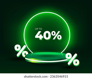Bis zu 40 % Rabatt auf grünes 3D-Podium in der Luft mit Neonringen auf dem Hintergrund. Stage Podium mit Beleuchtung.