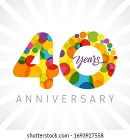 40 th anniversary numbers. 40 years old multicolored congrats. Cute congratulation concept. Isolated abstract graphic design template. Age digits. Up to 40%, -40% percent off discount. Decorative sign