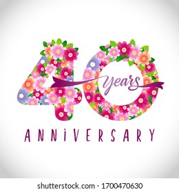 40 th anniversary numbers. 40 years old logotype. Floral pink congrats. Isolated abstract graphic design template. Creative holiday digits with vector mask. Up to 40%, -40% percent off discount.