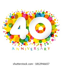 40 th anniversary numbers. 40 years old coloured congrats. Cute congratulation concept. Isolated abstract graphic design template. White digits. Up to 40%, -40% percent off discount. Decorative sign.