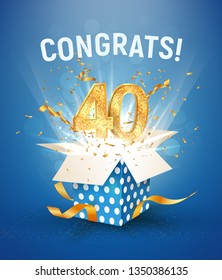 40 th years anniversary and open gift box with explosions confetti. Isolated design element. Template fortieth birthday celebration on blue background vector Illustration