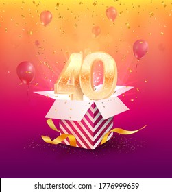 40 th years anniversary vector design element. Isolated Forty years jubilee with gift box, balloons and confetti on a bright background. 