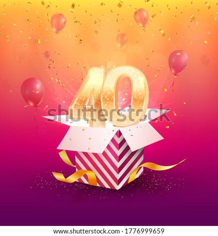 40 th years anniversary vector design element. Isolated Forty years jubilee with gift box, balloons and confetti on a bright background. 