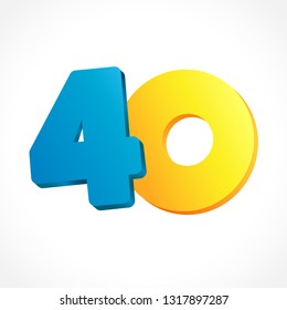 40 th years old congrats. Isolated abstract colored graphic design template. Up to 40 or -40 % off logotype. Round shape 0. Blue 4 and gold null flying digits. Discount emblem on white background.