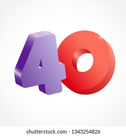 40 th years old congrats. Isolated abstract colored graphic design template. Up to -40 % logotype. Round shape 0. Discount emblem on white background. Creative web digits with 3D rotation effects.