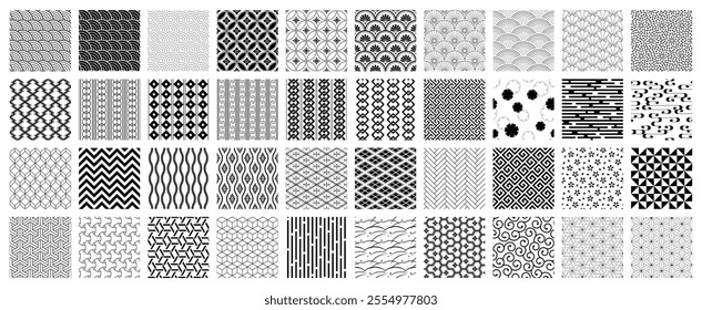 40 traditional Japanese patterns with transparent background, monochrome, black and white, seamless