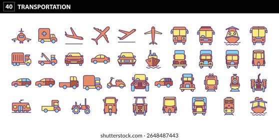 40 Transportation Icons: Essential Visuals for Vehicles, Travel, Logistics, and Global Mobility
