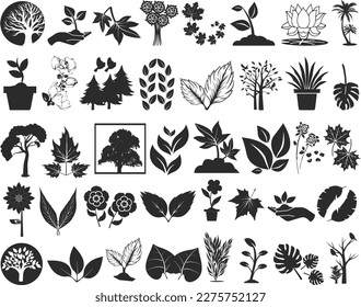 40 Tree, leaf, flower icon set, 40 nature element icon set black vector