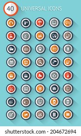 40 Universal website flat icon set on blue background,vector