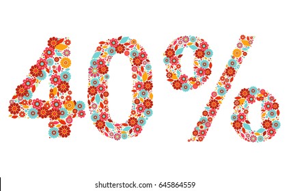 40% vector percentage number, consisting from flowers, leaves and dots on white background. Flat style elements. Perfect for sales, discount, retails. Bright red, blue, orange colors