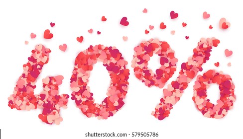 40% vector percentage number made from pink and red confetti hearts